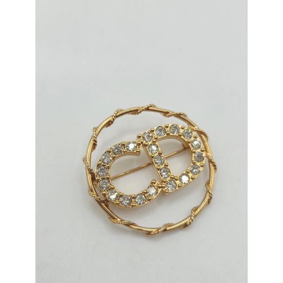 Christian Dior Gold-tone Crystal CD Logo Round Brooch - Picture 4 of 10